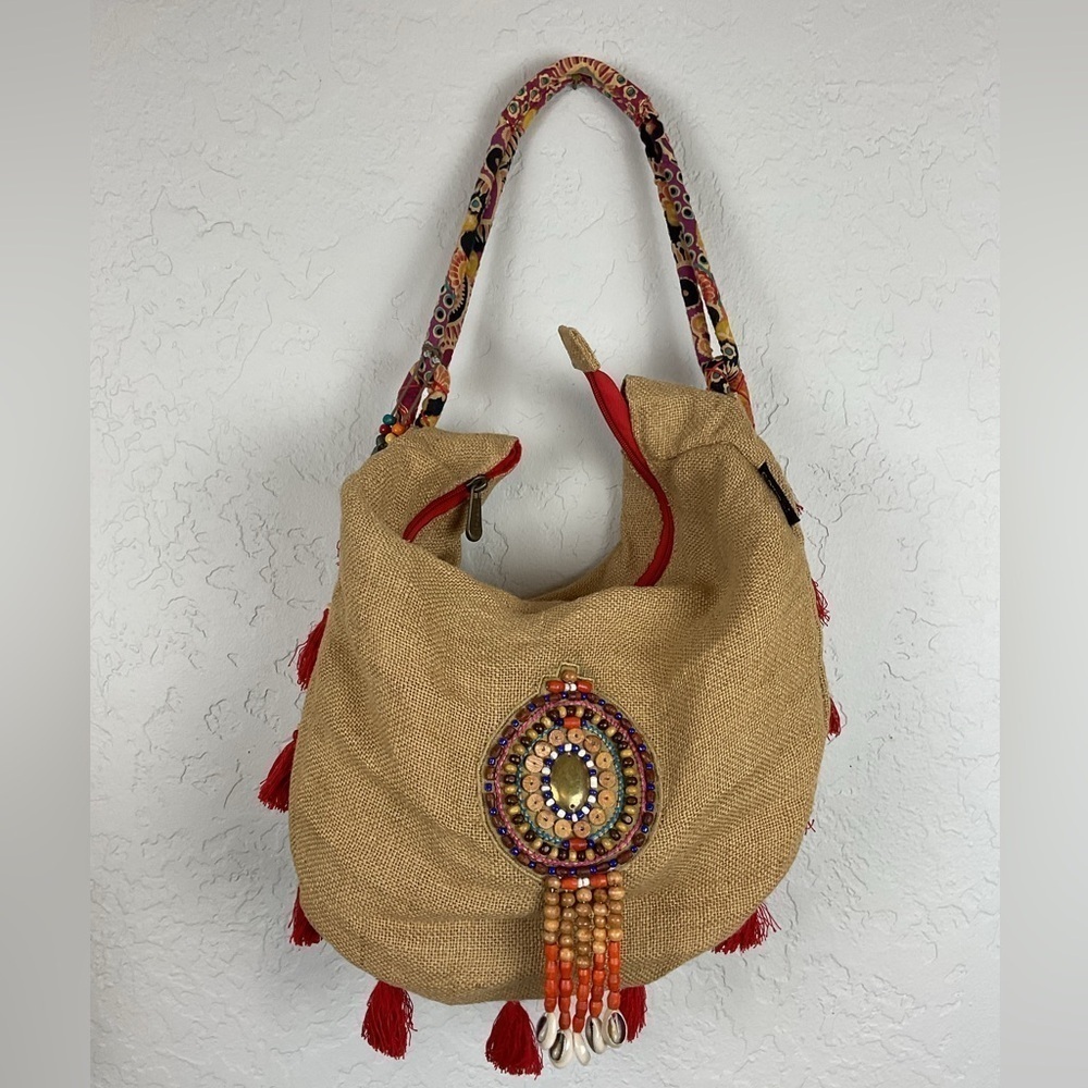 Catori Burlap Shoulder Bag Red Tassel Beads Boho Vacation - Picture 3 of 12